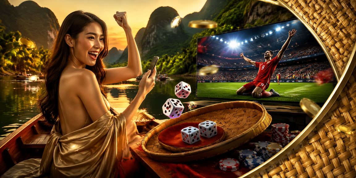 Bộ xúc xắc tài xỉu trên nền văn hóa Việt Nam với nón lá, gợi lên trò chơi dân gian kết hợp công nghệ hiện đại