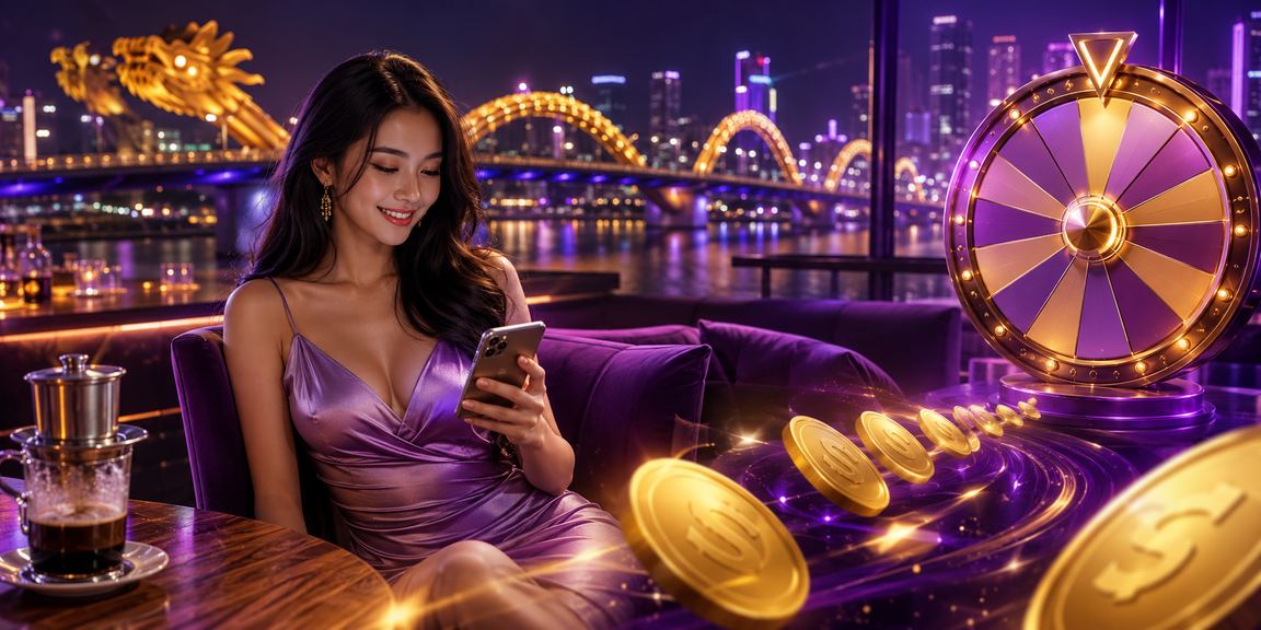 Khách hàng đang thực hiện thanh toán di động bằng ví điện tử với nền casino sắc màu neon